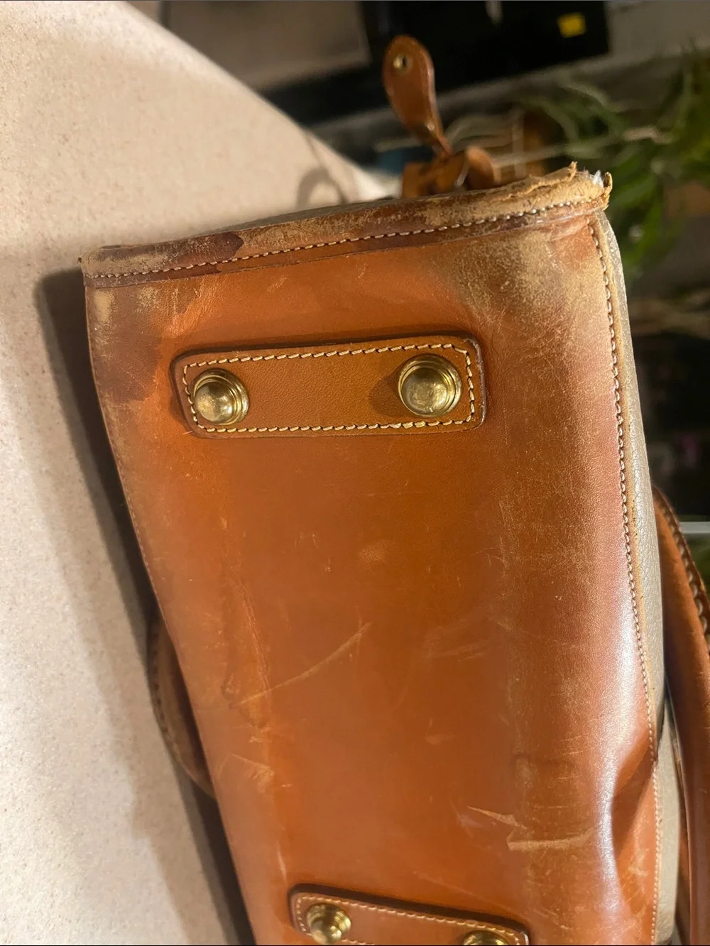 Dooney & Bourke Tan Canvas Briefcase with Chestnut Leather Trim